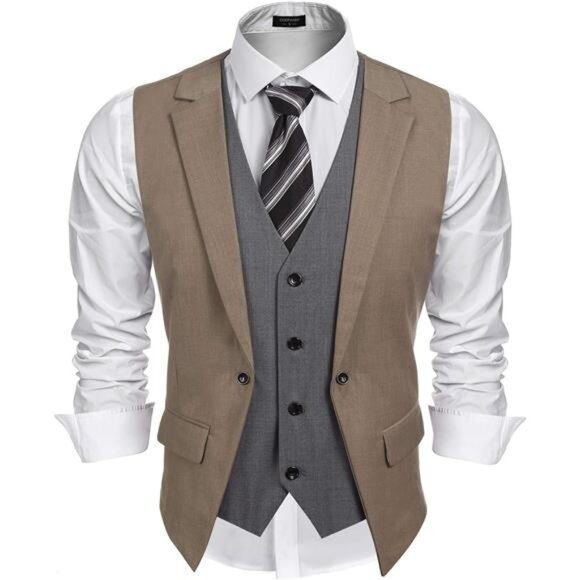 Men's Layered Suit Vest Formal Brown Grey - Picture 1 of 5